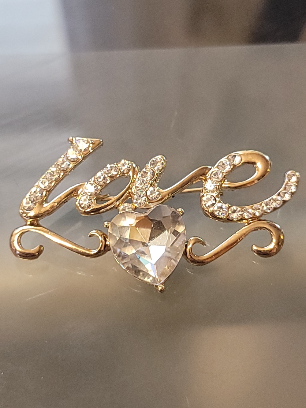Gold Love Rhinestone Brooch with Heart Crystal Accent Pin